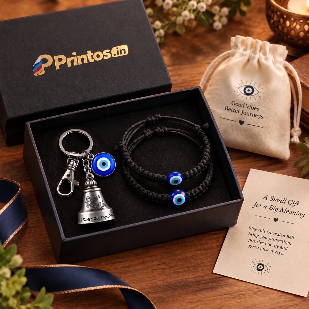Premium Guardian Bell Keychain (Antique Silver) + 2 Evil Eye Thread Bracelets | Suraksha Set