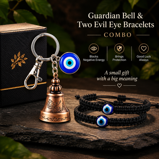 Premium Guardian Bell Keychain (Antique Copper) + 2 Evil Eye Thread Bracelets | Suraksha Set