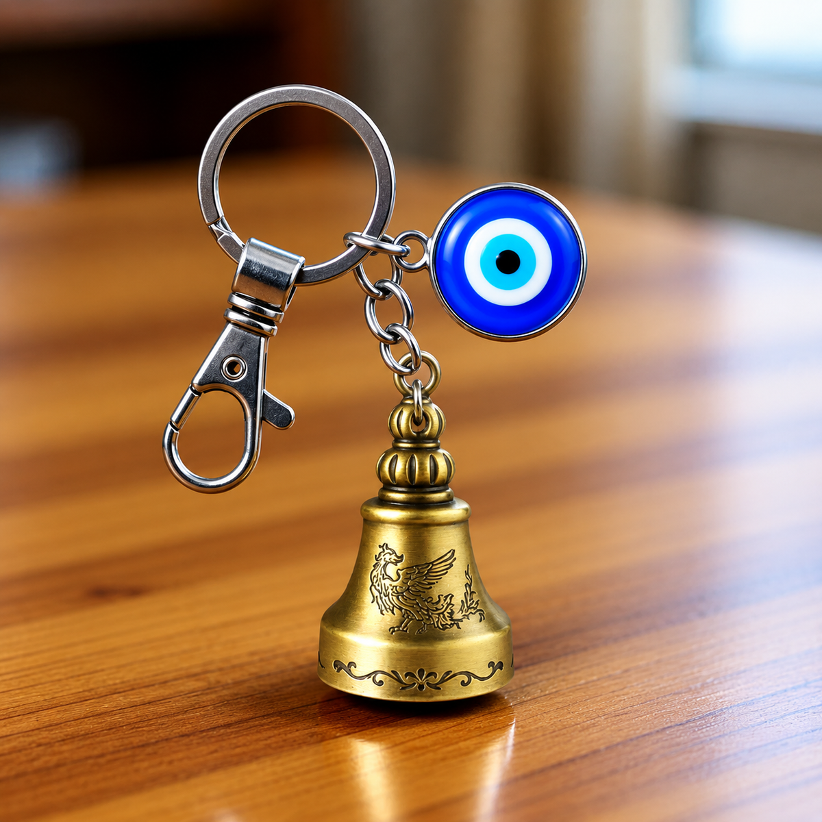 Premium Guardian Bell Keychain with Evil Eye – Antique Gold