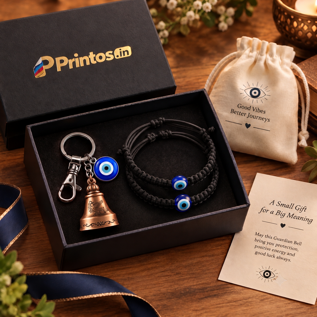 Premium Guardian Bell Keychain (Antique Copper) + 2 Evil Eye Thread Bracelets | Suraksha Set