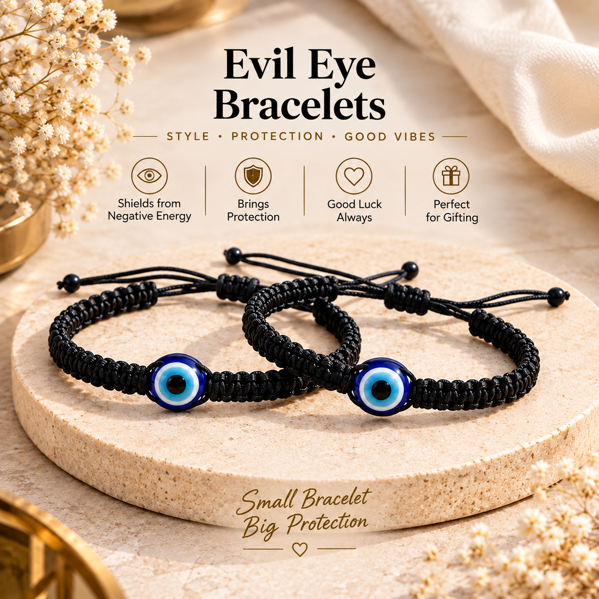 Premium Guardian Bell Keychain (Antique Silver) + 2 Evil Eye Thread Bracelets | Suraksha Set