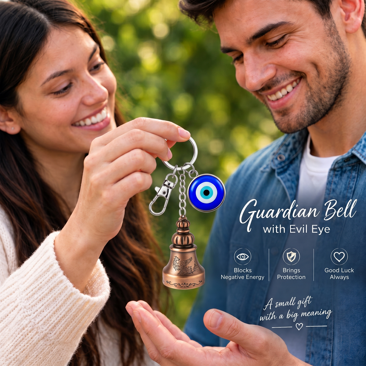 Premium Guardian Bell Keychain (Antique Copper) + 2 Evil Eye Thread Bracelets | Suraksha Set