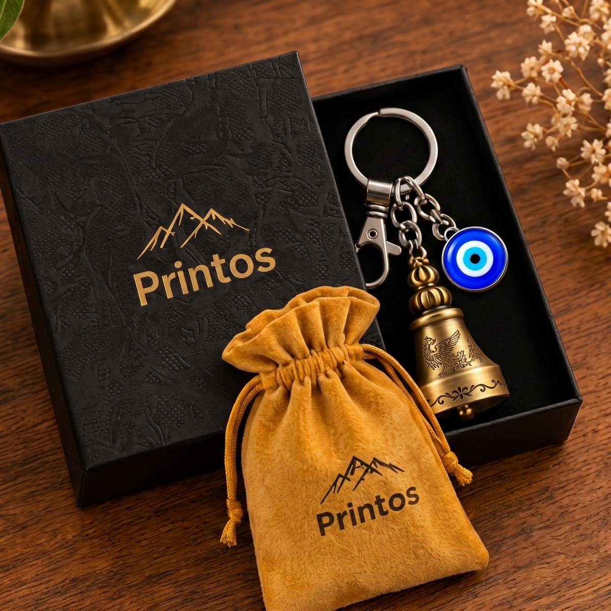 Premium Guardian Bell Keychain with Evil Eye – Antique Gold