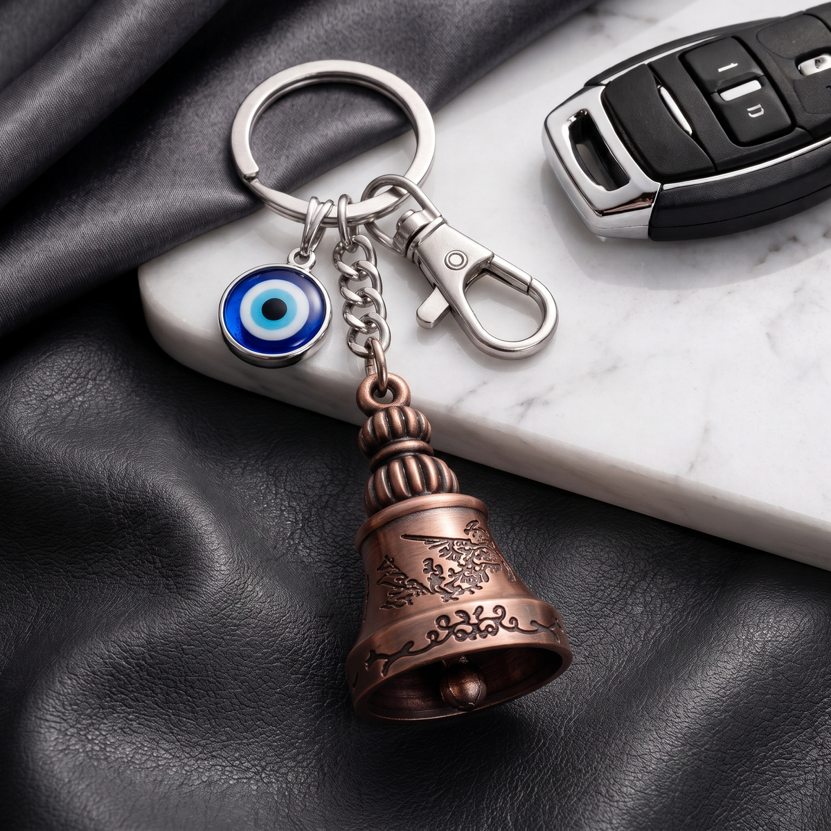 Premium Guardian Bell Keychain (Antique Copper) + 2 Evil Eye Thread Bracelets | Suraksha Set