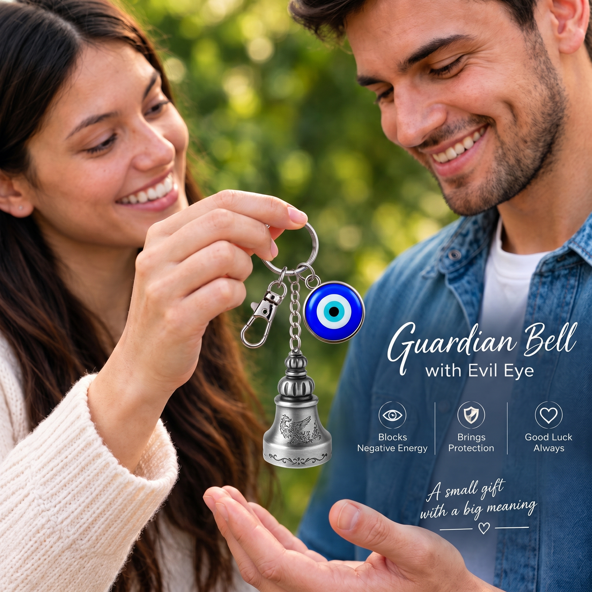 Premium Guardian Bell Keychain (Antique Silver) + 2 Evil Eye Thread Bracelets | Suraksha Set