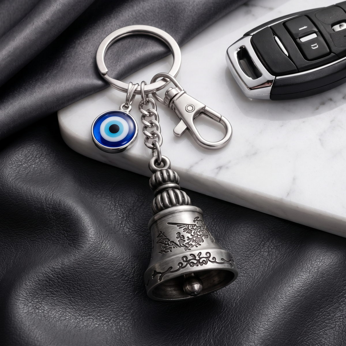 Premium Guardian Bell Keychain (Antique Silver) + 2 Evil Eye Thread Bracelets | Suraksha Set