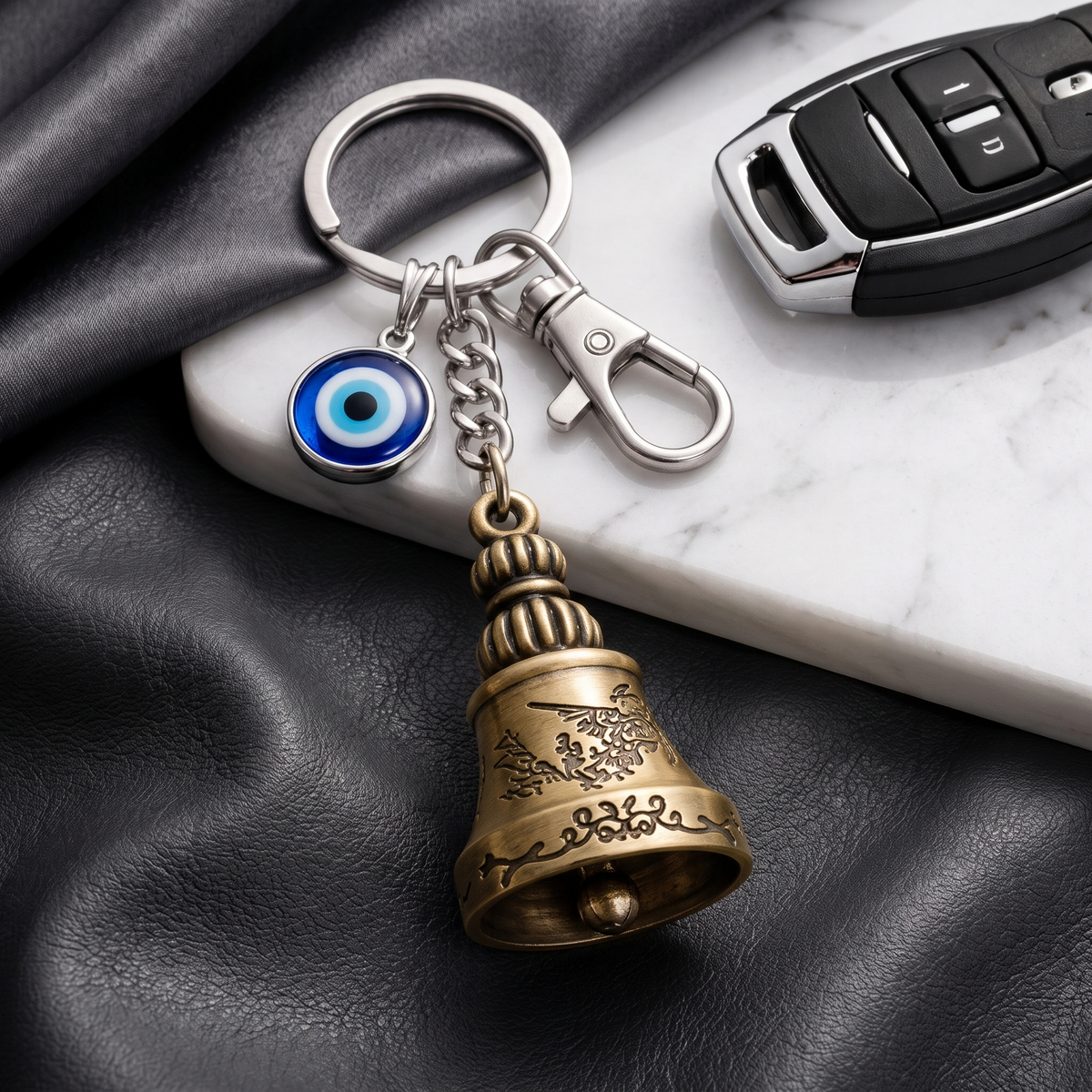 Premium Guardian Bell Keychain with Evil Eye – Antique Gold