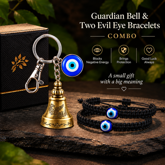 Premium Guardian Bell Keychain (Antique Gold) + 2 Evil Eye Thread Bracelets | Suraksha Set