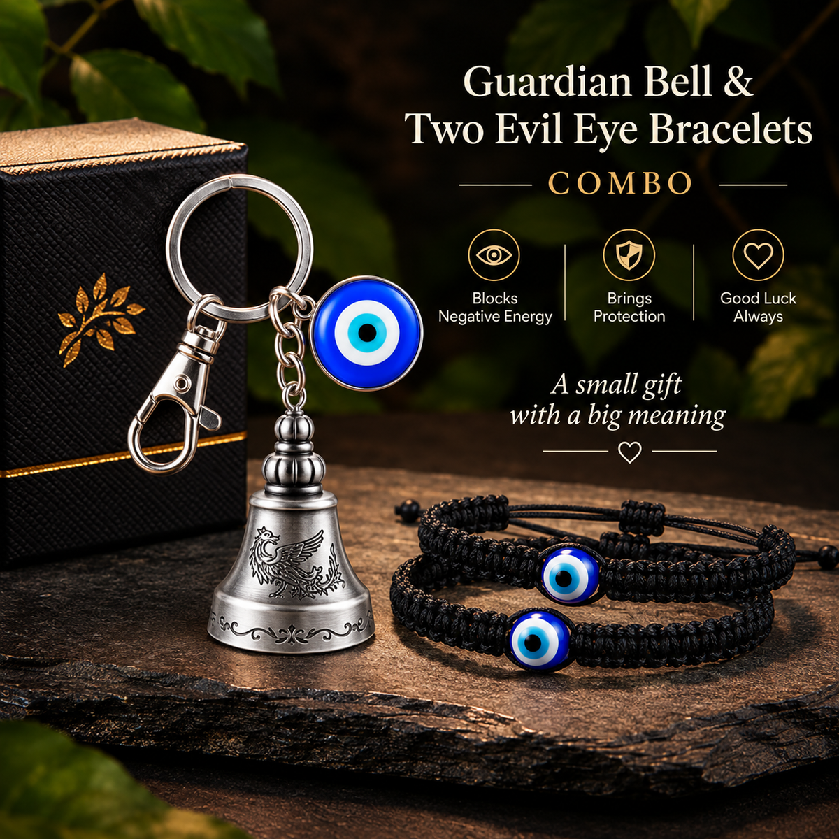 Premium Guardian Bell Keychain (Antique Silver) + 2 Evil Eye Thread Bracelets | Suraksha Set