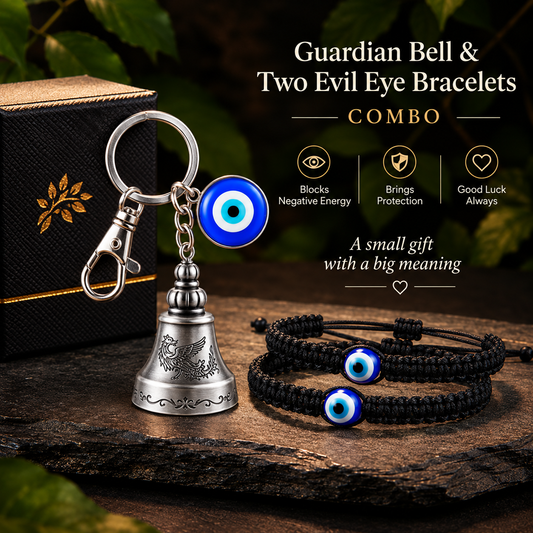 Premium Guardian Bell Keychain (Antique Silver) + 2 Evil Eye Thread Bracelets | Suraksha Set